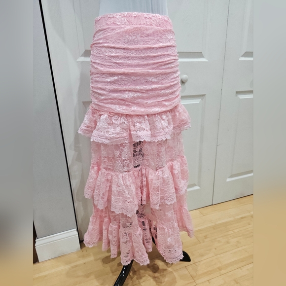 Dolls Kill Sugar Thrillz True Love Nonsense Pink Lace Maxi Tiered Bow Skirt M - Picture 6 of 12